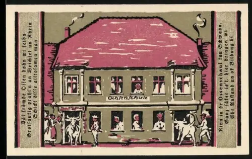 Notgeld Schwaan i. M. 1922, 50 Pfennig, Ochenschule und Wappen mit Schwan und Krone