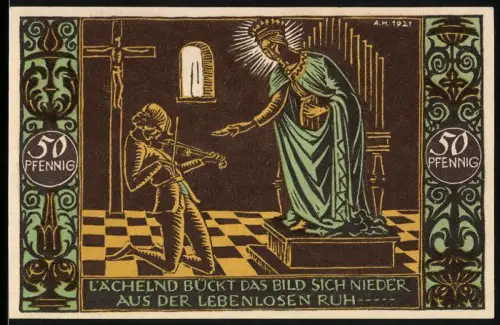 Notgeld Schw. Gmünd 1921, 50 Pfennig, Frau mit Heiligenschein und Violinist