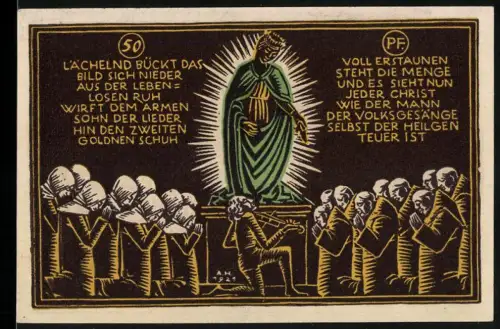 Notgeld Schw. Gmünd 1921, 50 Pfennig, Menschen beten vor einer Statue