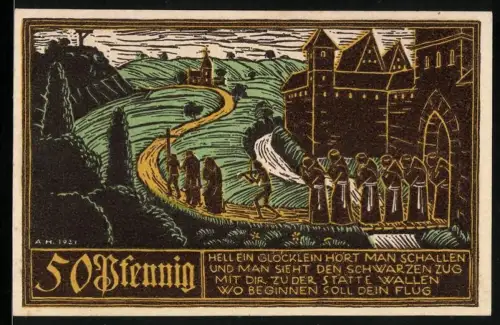 Notgeld Schw. Gmünd 1921, 50 Pfennig, Prozession vor Burg und Landschaft, Wappen