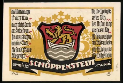Notgeld Schöppenstedt 1921, 50 Pfennig, Ortsansicht und Wappen mit Greif in einem Boot