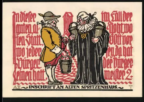 Notgeld Schöppenstedt 1921, 50 Pfennig, historische Ortsansicht und Inschrift am alten Spritzenhaus