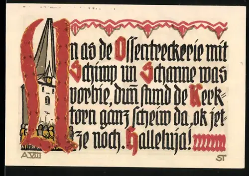 Notgeld Schöppenstedt 1921, 50 Pfennig, Stadtsilhouette mit Kirchturm und Textverzierung