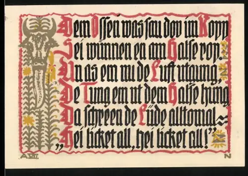 Notgeld Schöppenstedt 1921, 50 Pfennig, Ortsansicht mit farbenfrohen Fahnen und gotischer Schrift