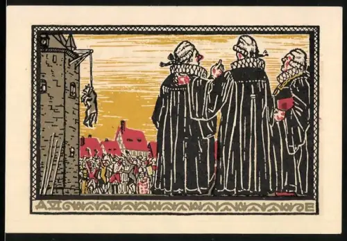 Notgeld Schöppenstedt 1921, 50 Pfennig, Ratsherren, Ortsansicht mit Turm und Häusern