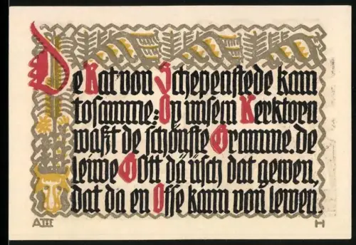 Notgeld Schöppenstedt 1921, 50 Pfennig, Ortsansicht mit Fachwerkhäusern und Kirchturm, Zitat in dekorativer Schrift