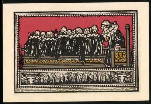 Notgeld Schöppenstedt 1921, 50 Pfennig, Ratssitzung und Ortsansicht mit Kirchturm