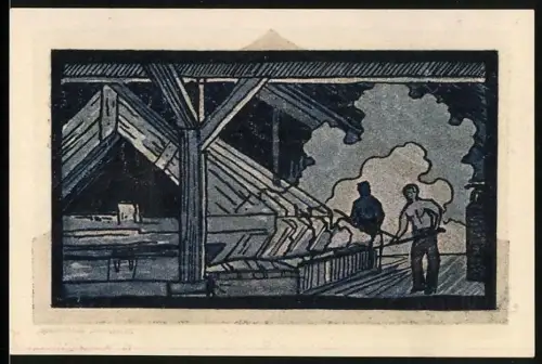 Notgeld Schönebeck a. E., 75 Pf, Arbeiter in Fabrikhalle mit Rauchwolken