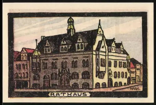 Notgeld Schönebeck a. E., 50 Pf, Rathaus und Stadtwappenmotiven