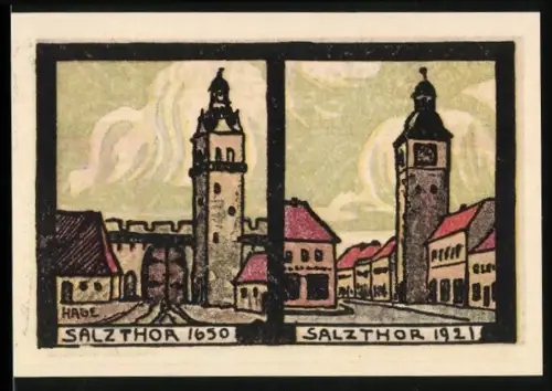 Notgeld Schönebeck a. E. 1921, 50 Pf., Salztor-Ansichten 1650 und 1921, Stadtwappen und Kelch
