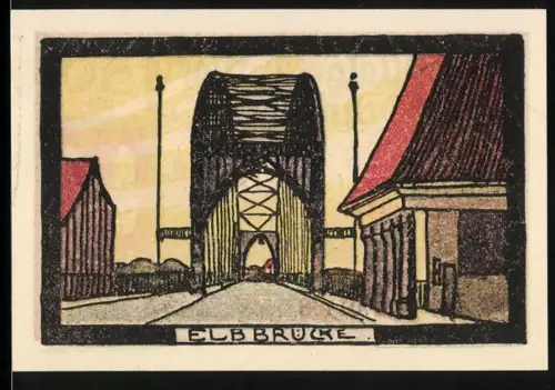 Notgeld Schönebeck a. E., 50 Pf, Elbbrücke und Ortsansicht mit Wappen und Kelch