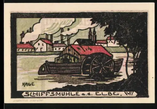 Notgeld Schönebeck a. E., 50 Pf, Schiffsmühle an der Elbe und Ortsansicht mit Pokal und Gebäude