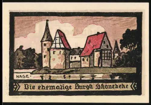 Notgeld Schönebeck a. E., 50 Pf, Burg mit Landschaft und Stadtsilhouette mit Kelch und Anker