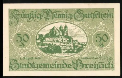 Notgeld Breisach 1919, 50 Pfennig, Ortsansicht mit Burgruine und Landschaft