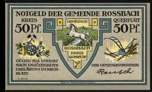 Notgeld Rossbach, 50 Pf, Pferd und landwirtschaftliche Motive, Reiter auf Pferd im Feld