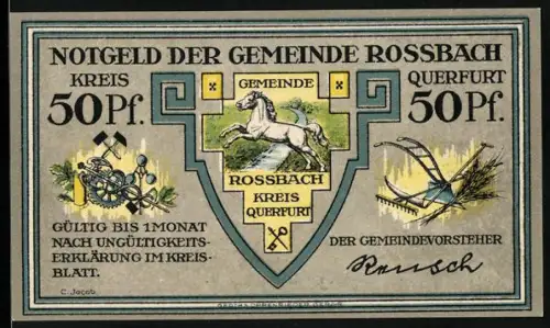 Notgeld Rossbach /Querfurt, 50 Pfennig, Pferd und Siegesdenkmal-Motiv