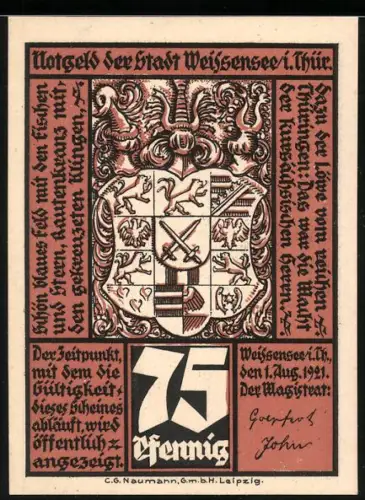 Notgeld Weissensee i. Thür. 1921, 75 Pfennig, Stadtwappen und Stadtansichten