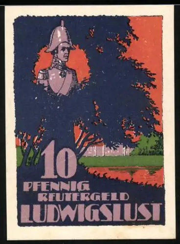 Notgeld Ludwigslust i. M. 1922, 10 Pfennig, Büste und Reitertruppe im Hintergrund eines Baumes