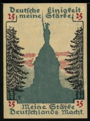 Notgeld Detmold 1920, 25 Pfennig, Hermannsdenkmal zwischen Tannenbäumen