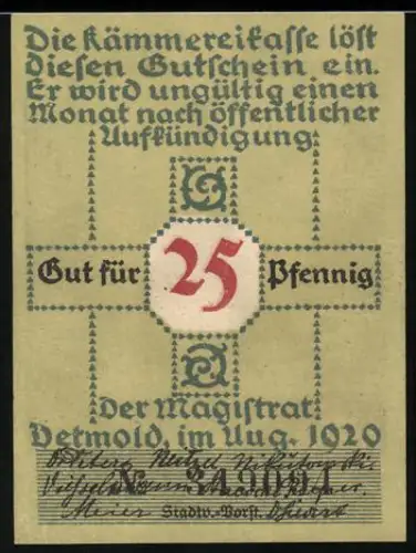 Notgeld Detmold 1920, 25 Pfennig, Hermannsdenkmal mit Bäumen und Sonnenuntergang