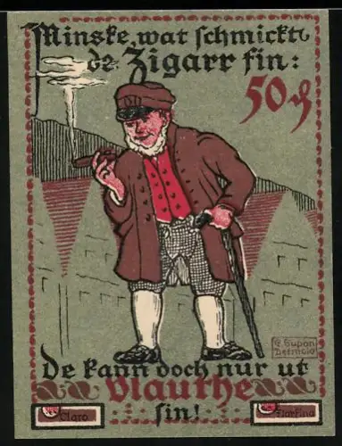 Notgeld Vlotho a. d. Weser 1921, 50 Pfennig, rauchender Mann mit Zigarre und Gehstock
