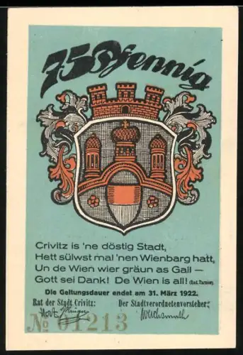 Notgeld Crivitz 1922, 75 Pfennig, Stadtwappen und Mann mit Wein auf Terrasse