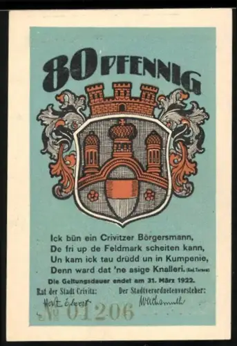 Notgeld Crivitz 1922, 80 Pfennig, Stadtwappen und marschierende Soldaten mit Gewehren