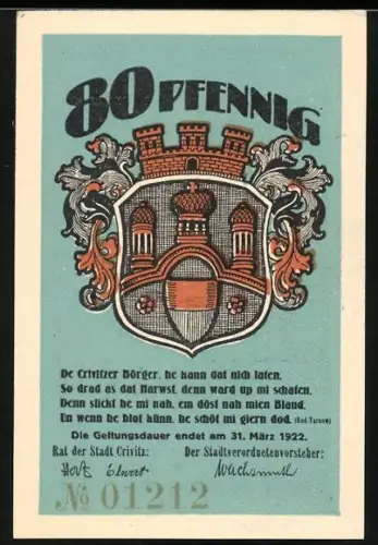 Notgeld Crivitz 1922, 80 Pfennig, Wappen und Tiermotiv mit Hasen und Raben