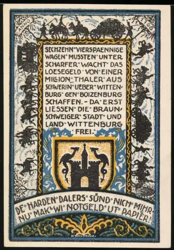 Notgeld Wittenburg i. Mecklbg 1922, 99 Pfennig, Stadttor und Wappen mit Löwen und Burg