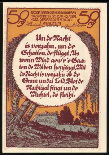 Notgeld Malchin 1922, 50 Pfennig, Gedicht und Stadttor