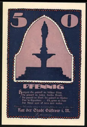 Notgeld Güstrow i. M. 1921, 50 Pfennig, Brunnen und Schlossansicht