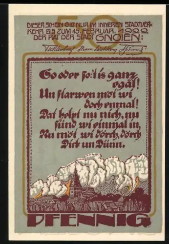 Notgeld Gnoien 1922, 50 Pfennig, Landschaft mit Wolken und Schmied bei der Arbeit