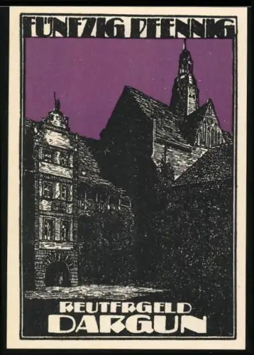 Notgeld Dargun, 50 Pfennig, Gebäude und Hirsch im Wald vor lilafarbenem Himmel
