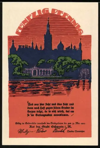 Notgeld Schwerin i. M. 1922, 50 Pfennig, Ortsansicht mit Kirchturm