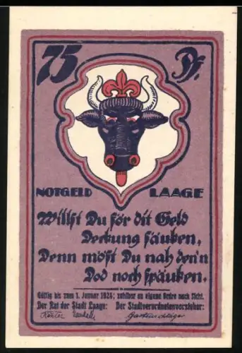 Notgeld Laage 1921, 75 Pf, Stierkopf und Gebäude mit Wache