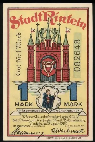 Notgeld Rinteln 1920, 1 Mark, Hieronymus von Münchhausen und Stadttor mit Wappen, Münchhausen im Sumpf