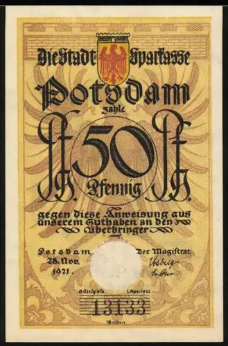Notgeld Potsdam 1921, 50 Pfennig, Reiter mit Notenzeile und Wappen