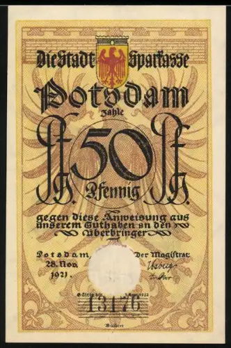 Notgeld Potsdam 1921, 50 Pfennig, Reiter mit Notenblatt, Stadtwappen