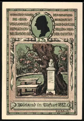 Notgeld Tiefurt 1921, 75 Pfennig, Dichterdenkmal und Eichenbaum mit Büste von Wieland