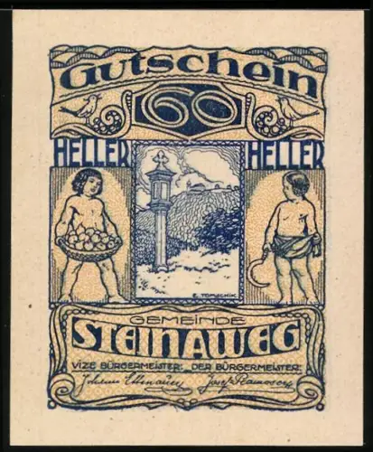 Notgeld Steinaweg 1920, 60 Heller, Landschaft mit Bildstock und Kindern mit Früchten