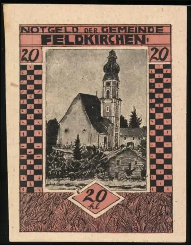 Notgeld Feldkirchen 1920, 20 Heller, Kirche mit Turm und Landschaft