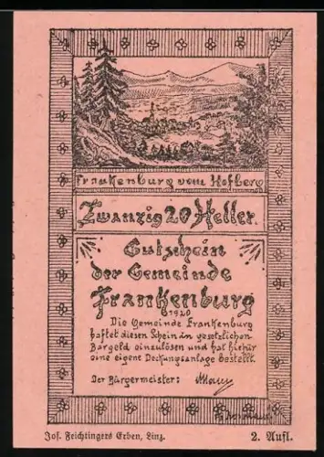Notgeld Frankenburg 1920, 20 Heller, Landschaft mit Bergen und Bäumen, Wappen