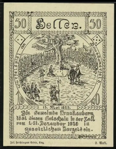 Notgeld Frankenburg 1920, 50 Heller, Würfelspiel und Fass mit Würfeln