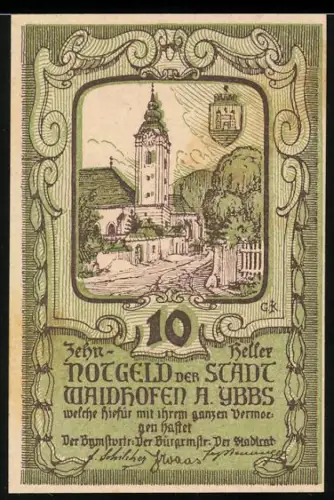 Notgeld Waidhofen a. d. Ybbs 1920, 10 Heller, Turm und Landschaft mit Stadtwappen