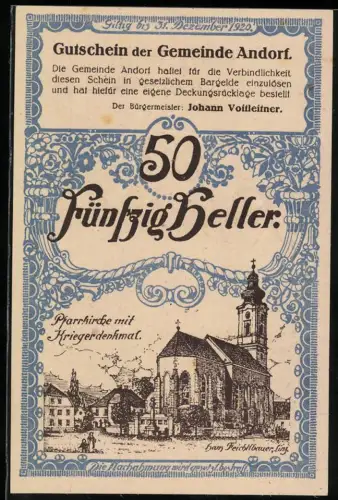 Notgeld Andorf 1920, 50 Heller, Pfarrkirche mit Kriegerdenkmal