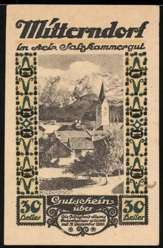 Notgeld Mitterndorf im Salzkammergut, 30 Heller, Landschaft mit Kirche und Bergen