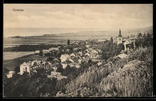 AK Grenna, Gesamtansicht mit Fernblick aus der Vogelschau