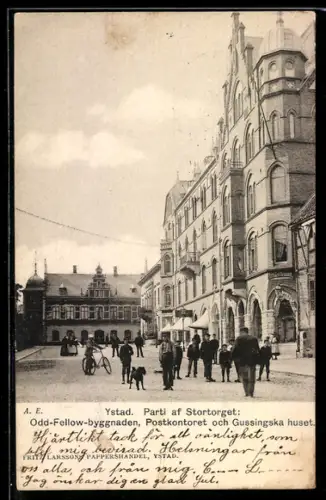 AK Ystad, Parti av Stortorget, Odd-Fellow-byggnaden, Postkontoret och Gussingska huset