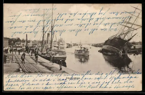 AK Skeppsbron, Hafenpanorama mit gekipptem Schiff