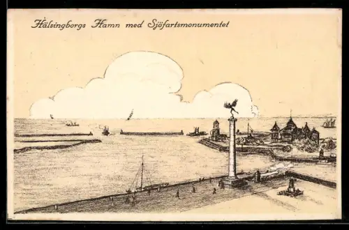 Künstler-AK Hälsingborg, Hamn med Sjöfartsmonumentet